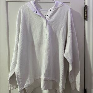 aerie Off-the-Shoulder Ribbed Snap Hoodie Sweater in White